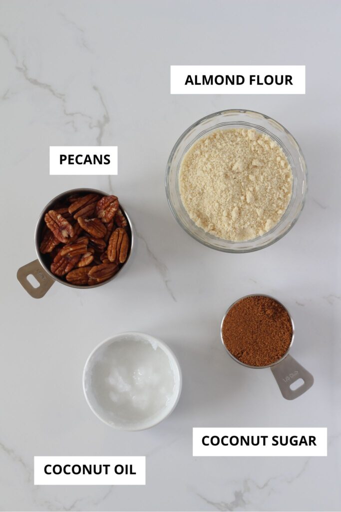 pecan topping ingredients on counter labeled