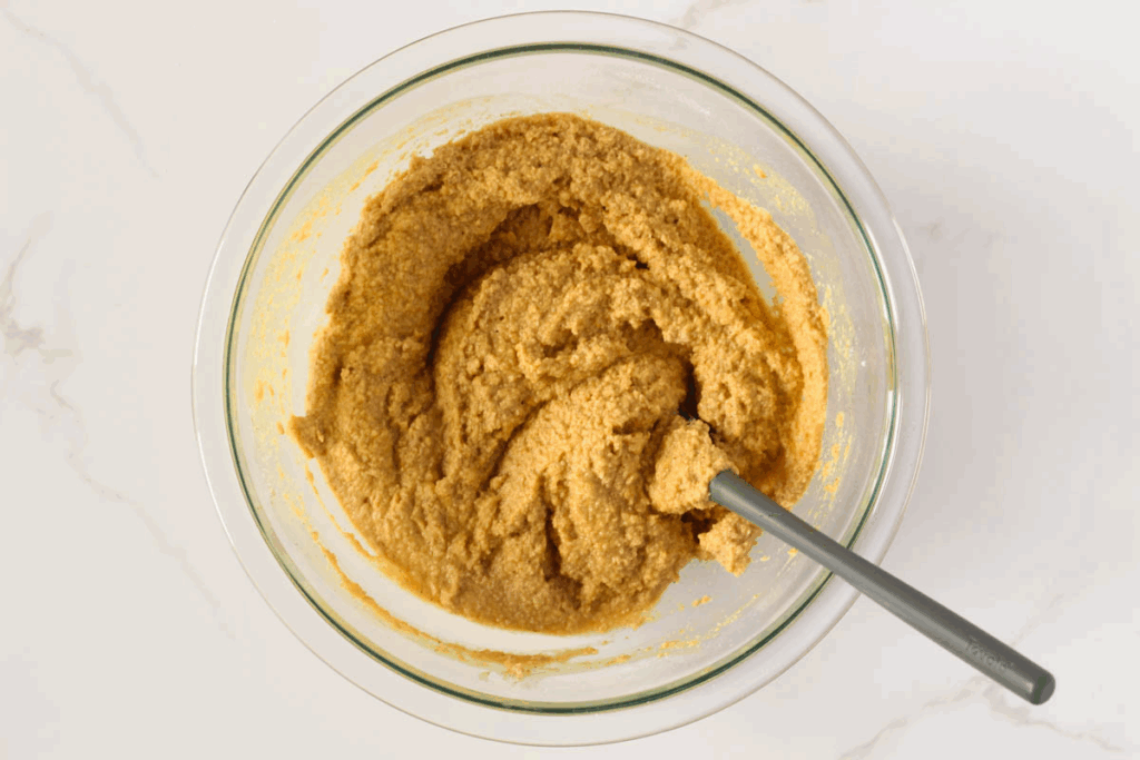 Mixed gluten free pumpkin waffle batter in glass bowl with small gray spatula