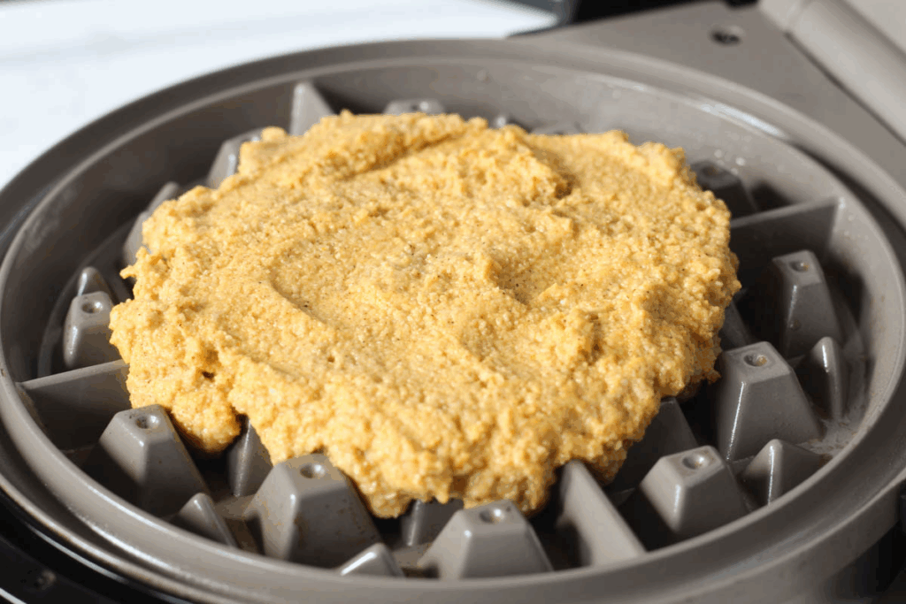 Pumpkin waffle batter on heated waffle iron