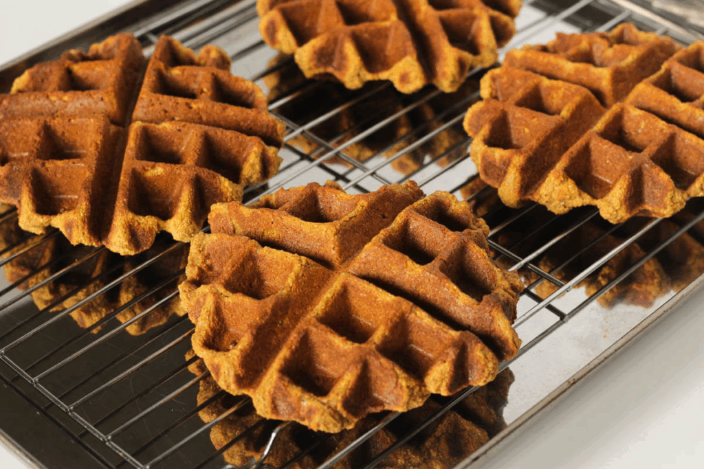 Four gluten free pumpkin waffles on wire rack-lined baking sheet