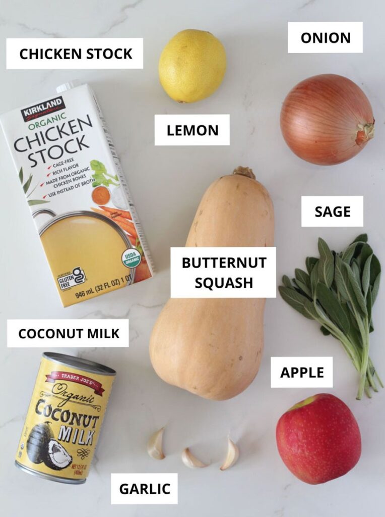 butternut squash and apple soup ingredients on counter labeled