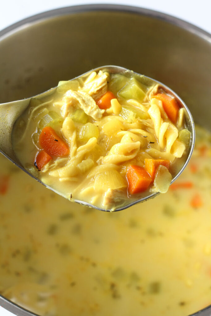 chicken noodle soup with turmeric and ginger in metal soup ladle over stockpot